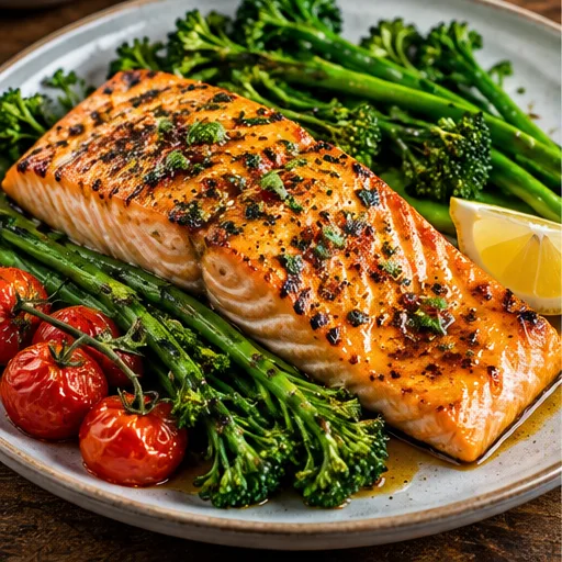 Cooked salmon with green vegetables
